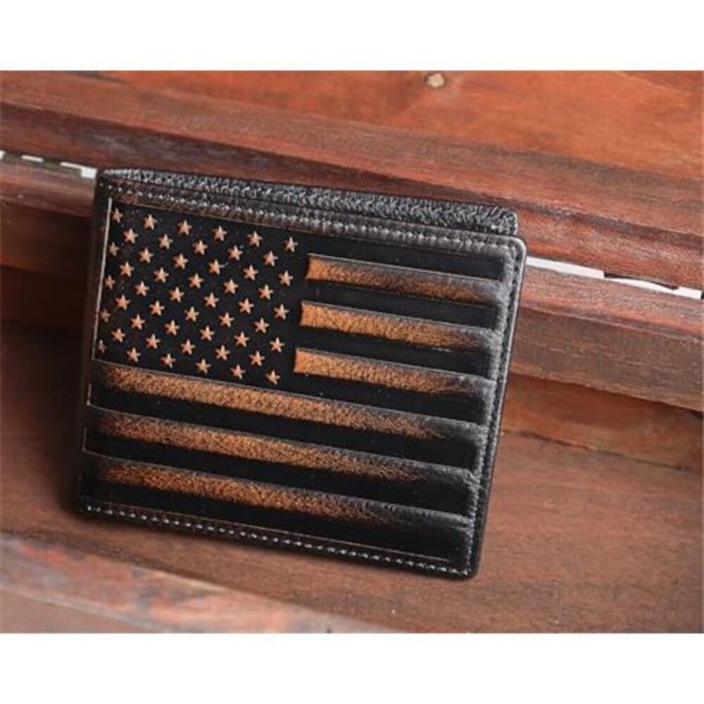 Bifold Wallet for Men RFID Blocking Full Grain Leather USA Flag